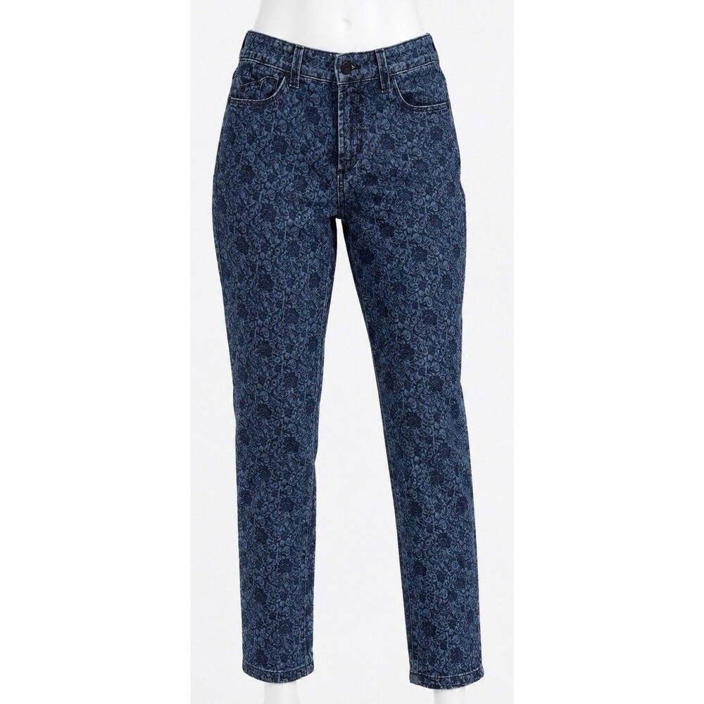 NYDJ Women’s  6 Ankle Skinny Blue Floral Mid Rise Dark Wash Print Stretch Denim